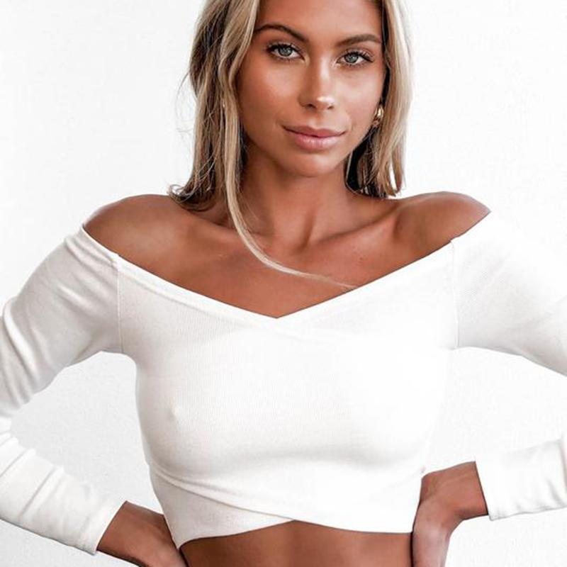 

TRODEAM 2021 New Spring Summer Women Sexy Crop Tops Solid Casual Basic Bodycon Long Sleeve T Shirt Female Slim Tops High Street, White