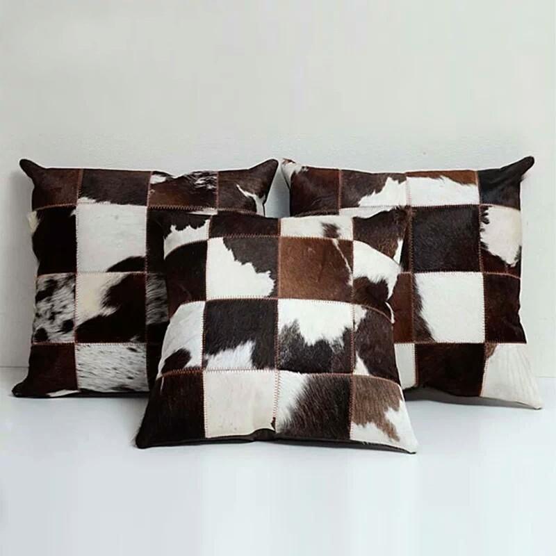 Single side genuine cowhide skin fur pillow cushion , black and white handmade real cow leather pillow for furniture upholstery-image-637225963