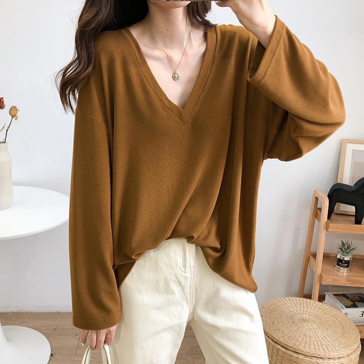 

Loose Laziness Crew Neck V-neck Long-sleeved T-shirt Female 2020 Autumn Korean-style Versatile Slimming Solid Color Tops Base Sh, V neck gray