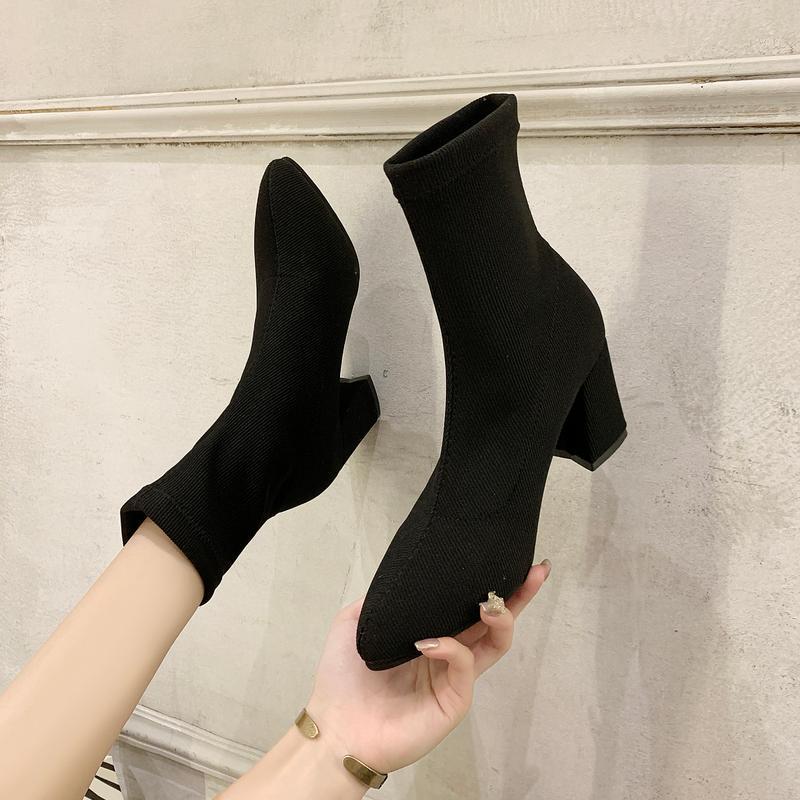

Knit Sock Boots Women Stretch Fabric High Heel Ankle Boots 7 Cm Square Heel Elegant Pointed Toe Women Black Khaki1