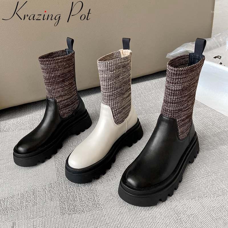

Comfortable cow leather round toe platform slip on brand winter shoes elegant motorcycle boots office lady mid-calf boots L671, Black