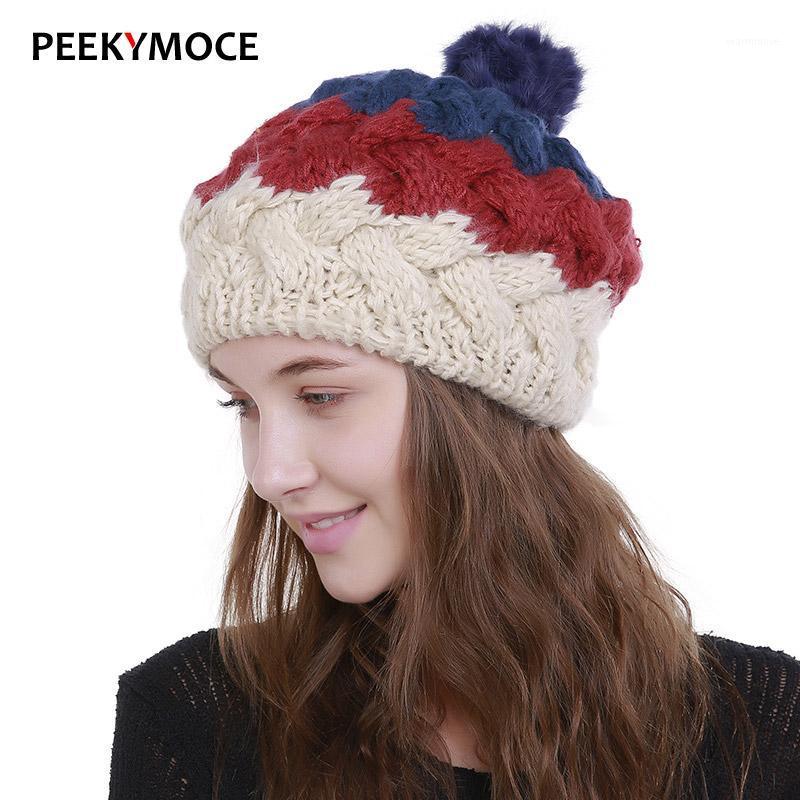 

Peekymoce Knitted Hats Berets Female Caps Women Hats Casual Pom Pom Hat Beret For Girls Coarse Lines Winter Hat Women1, Green