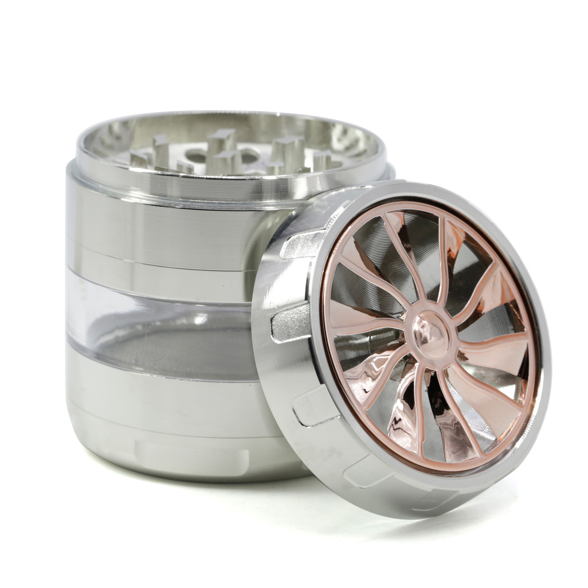 

2 colors Smoking Accessories herb grinder with 63MM diameter zinc alloy four layer turbine transparent window chamfering