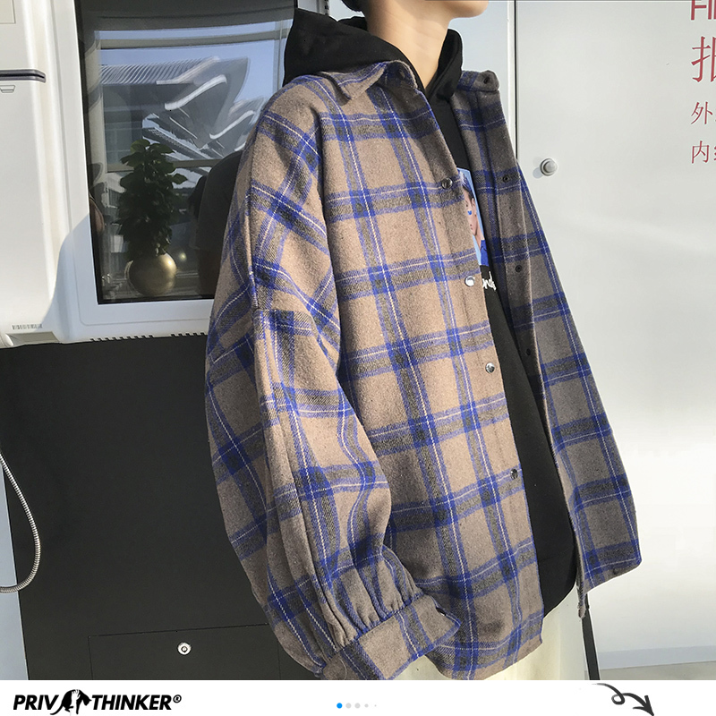 

2021 New Privathinker Autumn Men's Thicken Plaid Shirts Harajuku Man Oversized Long Sleeve Shirt Plus Size Male Casual Blouse IGMQ, Blue
