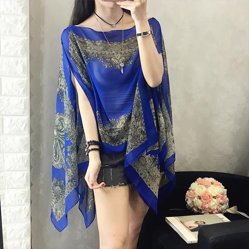 

Hollow Irregular Out Sleeve Chiffon Blouse Summer Casual Women Chiffon Shirt Loose Style Printing Sun proof Female Tops, White