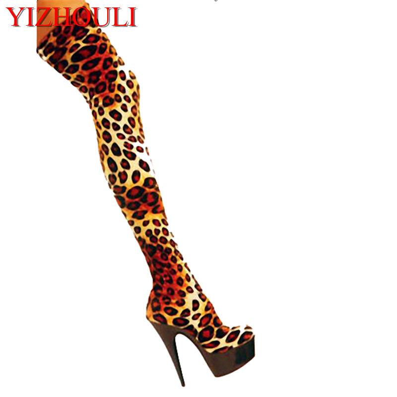 

Fashion 15cm Leopard Print Leather Sexy High Heels 6 Inch Platform Women Over Knee Thigh High Boots Sexy Boots, 01
