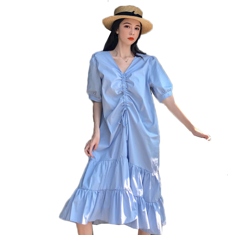 

2021 New Women's Summer Short-sleeved V-neck Sexy Loose Solid Color Wild Elegant Fishtail Es Vestidos Feminine 375 E47l, White