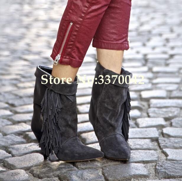 

Plus Size 10 Suede Fringe Ankle Boots Sexy Cone Heel Pleated Ankle Boots Women Low Heel Winter Dress Shoes Black Gray, As picture