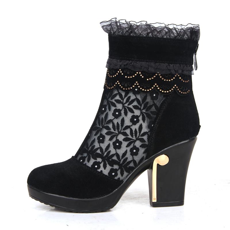 

New Women's Platform Shoes Summer 2021 Breathable Lace Cutout Genuine Leather Boots Women Black Ankle Boots High Heels