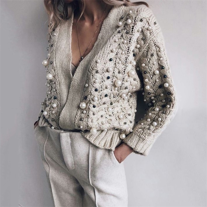 

Beading Designer Cardigan Women Sweater Winter Autumn Fashion Brand Plus Size Knitted Sweaters Female Outwear Casual Tops Y200915, Dark grey