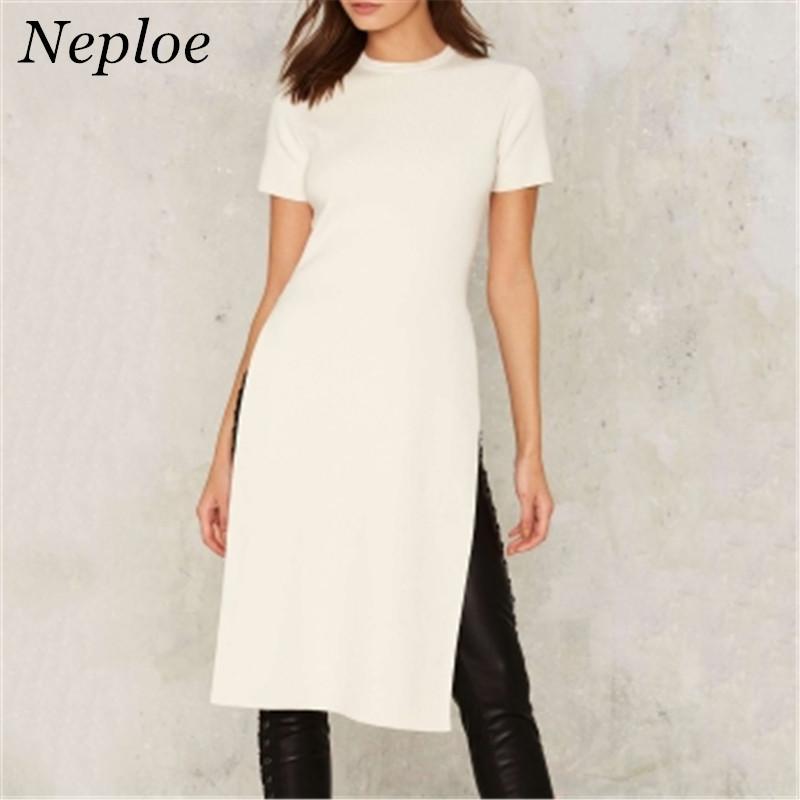 

European Fashion Sexy Side Slit T-shirt Women Brief Solid Long T-shirt New Arrival Summer Casual Short Sleeve T Shirts 64859, Black