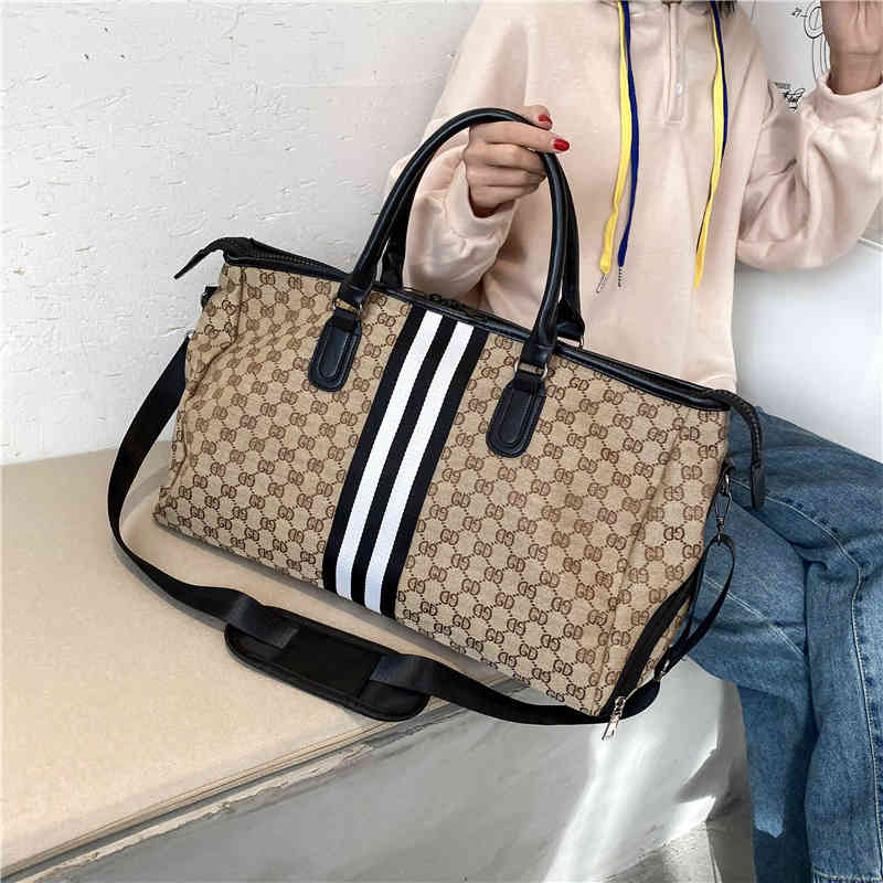 

New Oxford cloth letter high capacity shoes travel bag women's Waterproof Black and white strip men's sports fitness Bag Handbags Top, Khaki