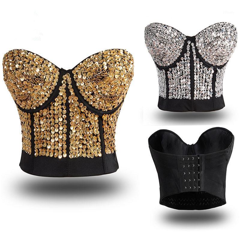 

Sexy Waist Trainer Bra Corset gold Women Sequin Rivet Bra Crop Top Padded Body Shapewear Bustier Corset Nightclub Top1, As shown