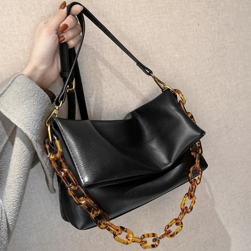 

Fashion Foldable Acrylic Chain Baguette Women Shoulder Bags Simple Solid Color Large Capacity PU Leather Crossbody Bags New 2021, Black