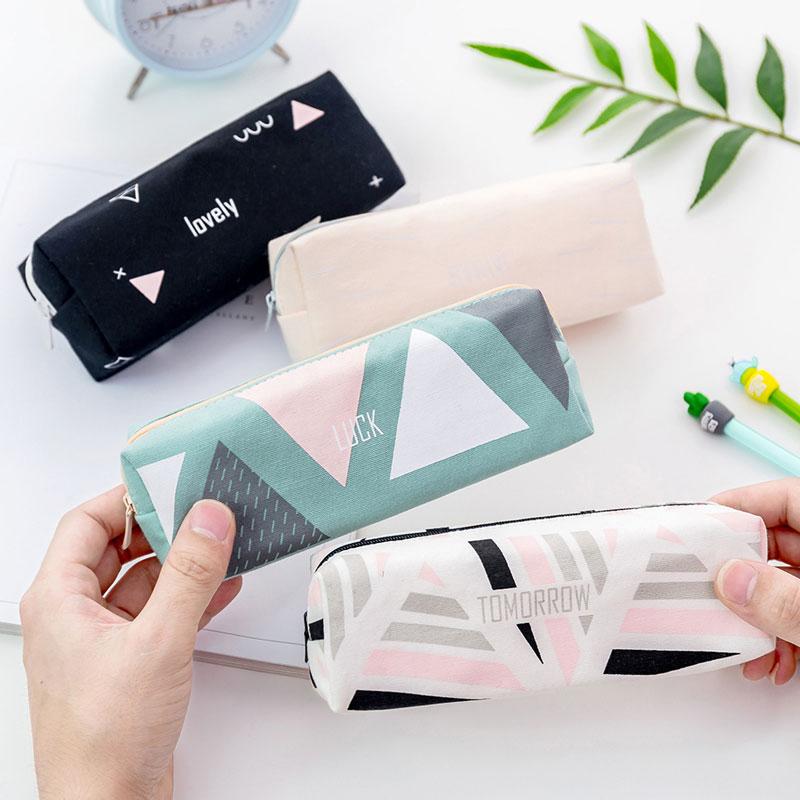 

Cute Large Capacity Pencil Bag Cases Kawaii Korea Geometry Canvas Pen Box Pouch Case for School Office Stationary Supplies