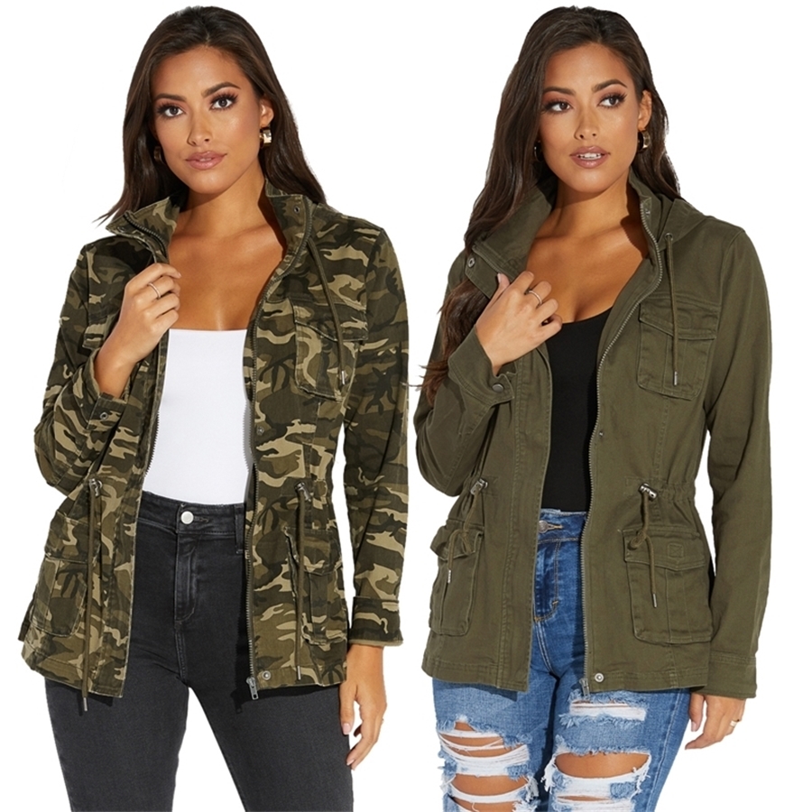 

Tsuretobe Autumn Camouflage Hoodie Denim Jacket Women Casual Jeans Jacket Pockets Long Sleeve Jeans Coat Short Coat Outerwear 201022