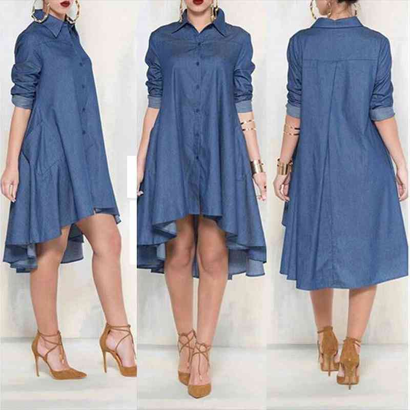 

Women Casual Loose Long Sleeve Denim Jeans Blouse Shirts Sundress Short Mini Vestido Cocktail Party Clubwear Outfits Shirts Top, White