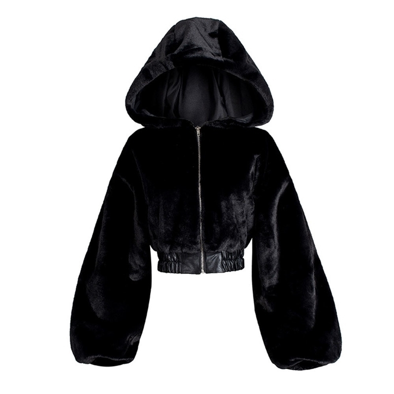 

Rosetic Winter Faux Fur Jacket Women Short Coat 2020 Warmness Fashion Gothic Casual Black Jackets Hooded Outwear Oversize Coats 201124