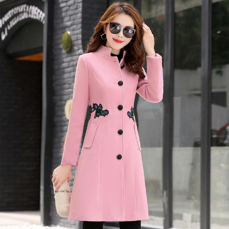 

Office Lady Slim Long Woolen Winter Coats Mandarin Collar Wool Coat and Jacket Single Breasted Ladies Coats, Black