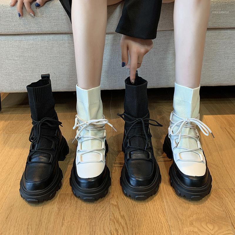 

2020 New Fashionable Breathable Medium Tube Boot Elastic Socks Boots For Women High Heel platform Heel White Black Boot1, Beige