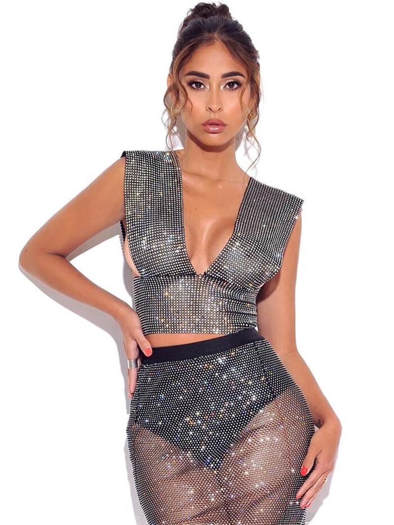 

Sexy Mesh Rhinestones Summer Dress women perspective Black White Glitter diamond bodycon dress beach club party Dresses vestidos, Black top