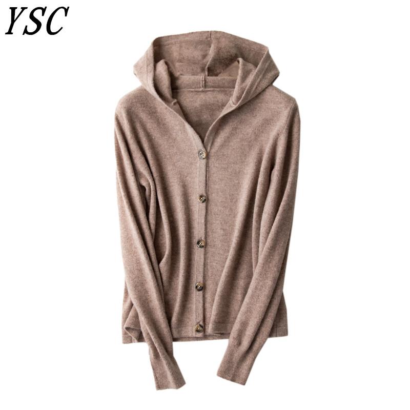 

YSC 2020 Knitted 100% pure wool cardigan Classic Hooded collar Long sleeves Single breasted decoration High-quality cardigan, Beige