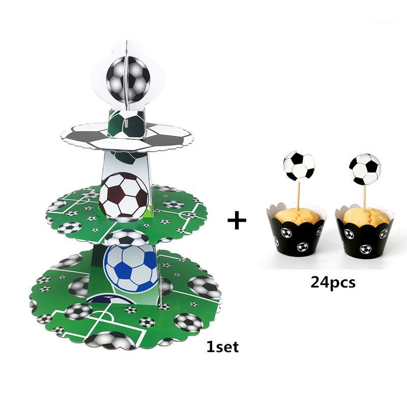 

1set Soccer Football 3 Tier DIY Paper Cupcake Stand + 24 sets Cupcake Wrappers & Toppers For Kids Birthday Party Cake Decoration1