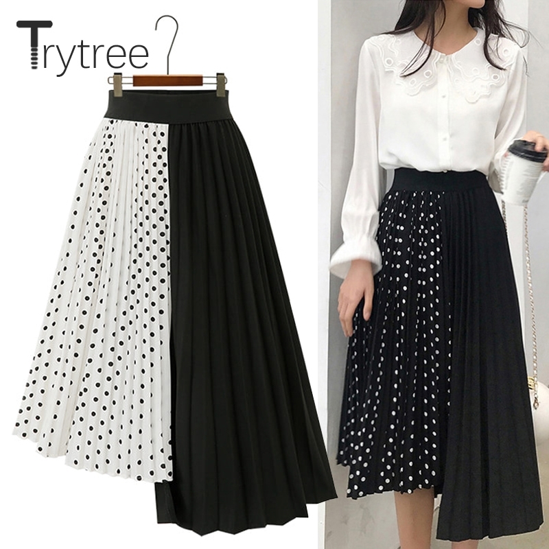 

Trytree summer Autumn women Dot skirt Casual Polyester Chiffon Asymmetry Elastic Waist Pleated Skirt Fashion Plus Size skirts Y200326, White