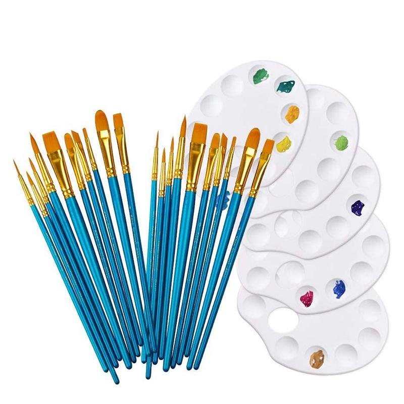 

HOT-20Pcs Paint Brushes with 5Pcs Paint Tray Palettes Pallet and Brush Set for Acrylic Oil Watercolor Painting