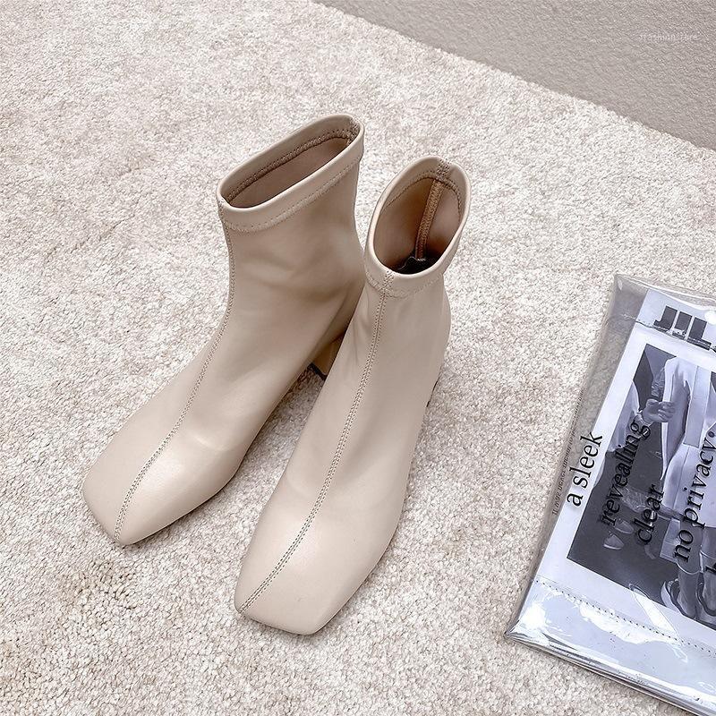 

Autumn and winter new style nude elastic square toe thick heel short boots women mid-heel and ankle boots women's1, Black