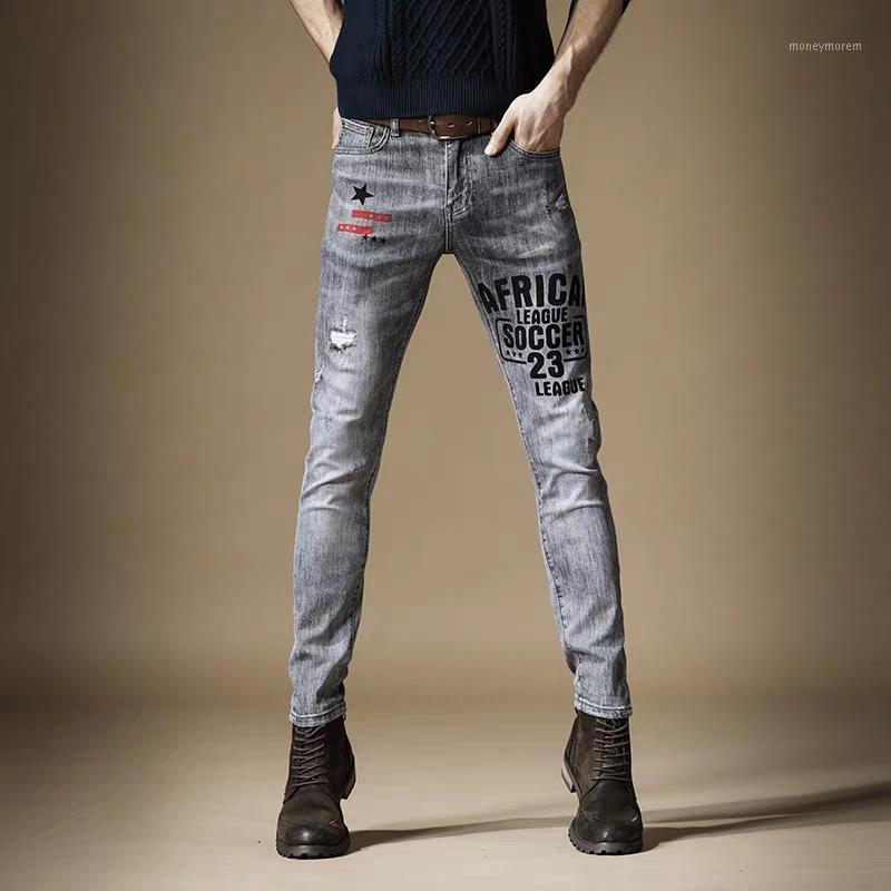 

Free Shipping New 2020 men's male European and American street fashion street trend hole jeans slim printed smoke gray trousers1, As pic