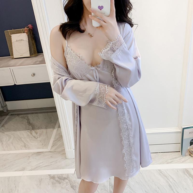 

Sweet Pink Satin Kimono Robe Gown Set -XXL Lady Bow Lace Trim Sleepwear Sexy V-Neck Backless Nightdress Autumn Casual Sleepwear, Black