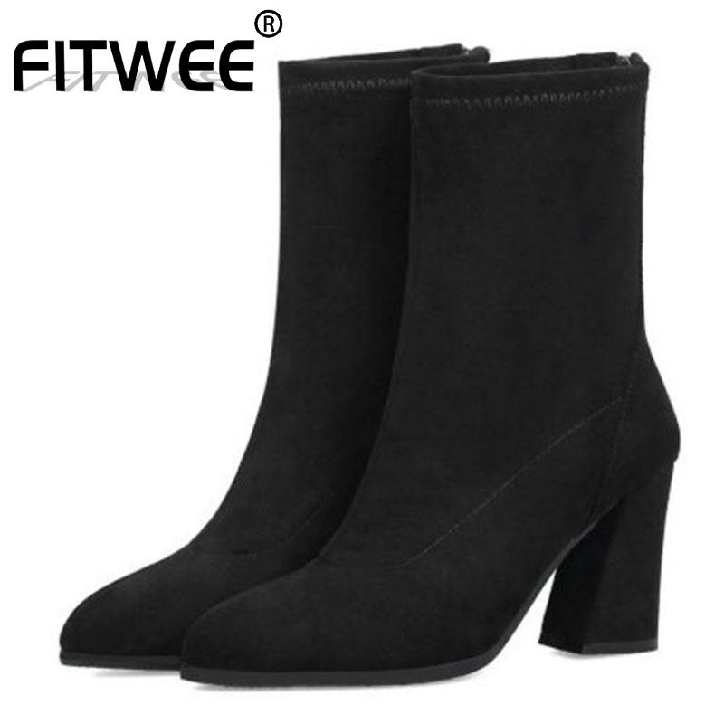 

FITWEE Women Mid Calf Boots Winter Warm Pointed Toe Zipper High Heel Boots Classic Daily Shoes Women Footwear Size 31-43, Black