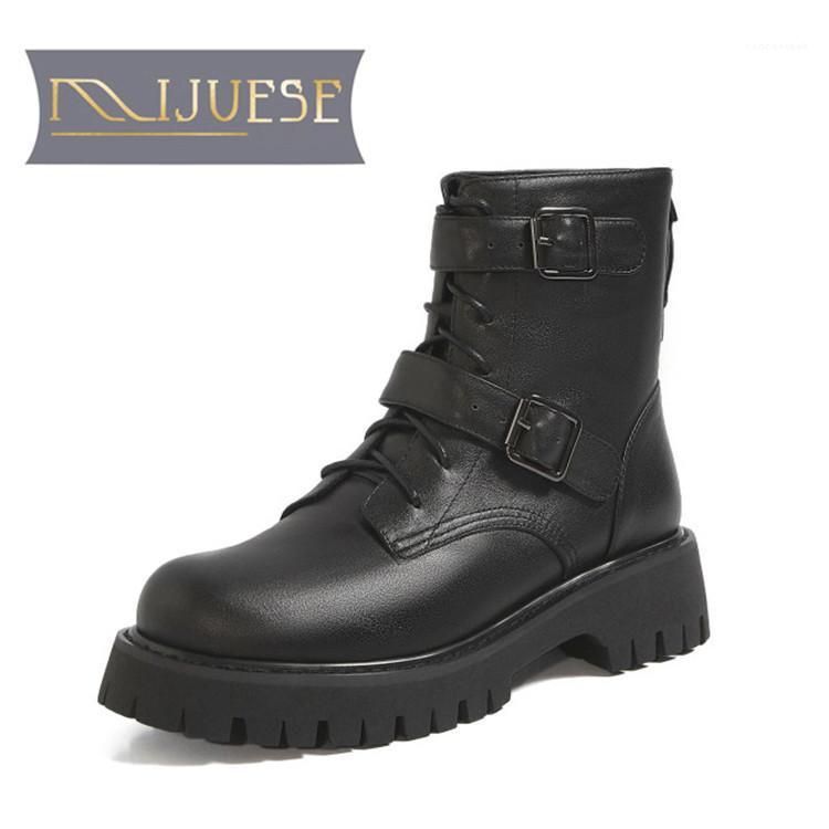 

MLJUESE 2021 women ANKLE boots Cow leather Winter short plush Round Toe zipper Buckle Strap Med heels female Riding boot size 391, Black