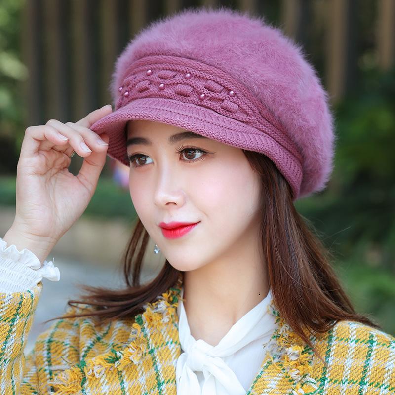 

Women Winter Fur Hair Hat Knitted Berets Caps Pearl Beads Warm Baret Female Ladies Elegant Hats, 02