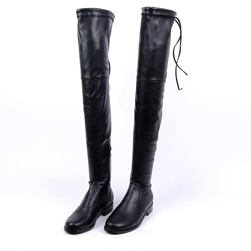 

LeShion Of Chanmeb Round Toe Flat Stretch Crotch High Boots Women Celebrity Dress Shoes Woman PU Suede Leather Overtheknee Boots, Black faux suede