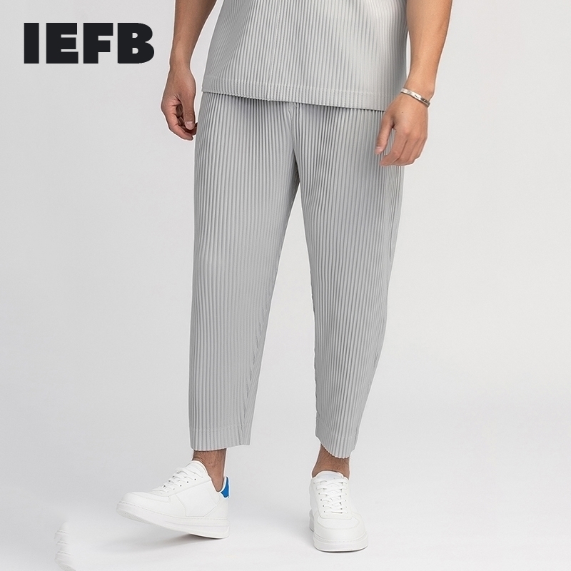 

IEFB /men's wear pleated trousers for male Japanese stretch fabric thin style loose drawstring casual ankle-length pants 9Y3050 201114, Gray