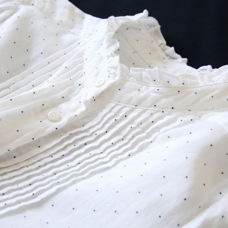 

Double-layer cotton yarn dots shirt ruffled collar shirt colored dots shirts, White
