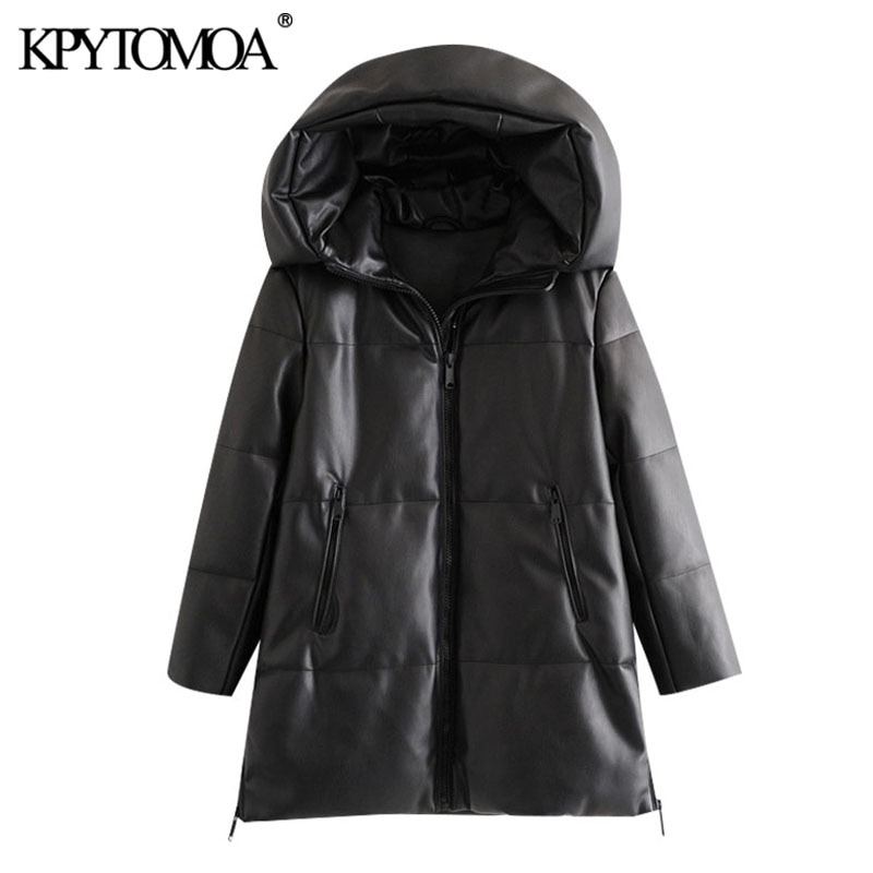 

KPYTOMOA Women Fashion Thick Warm Winter Faux Leather Parkas Coat Vintage Hooded Long Sleeve Female Outerwear Chic Overcoat 210203, As picture