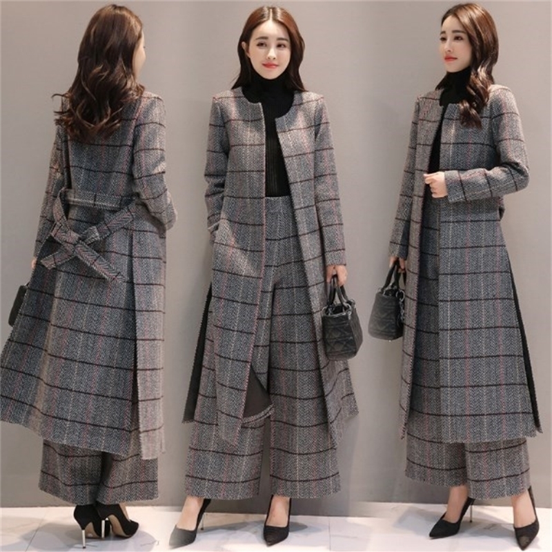 

Knee Length Long Trench Coat and Wide Leg Trouser Autumn Winter Womens Casual Pantsuit Office Lady Plaid Two-piece Pants Suits 201030, Gray