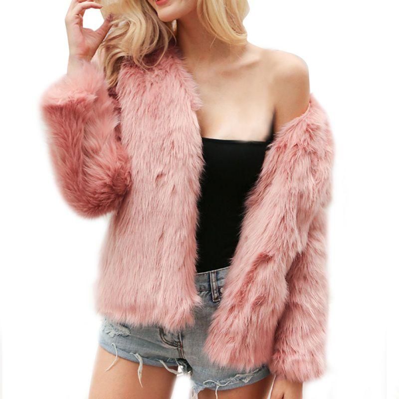 

New Winter Elegant Women Long Sleeve Faux Fur Thick Warm Slim V Neck Open Stitch Lady Plus Size Fur Fluffy Faux Outerwear, Black