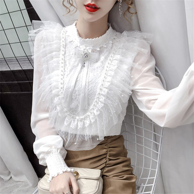 

2021 Fairy Knitted Lace Ladies'shirt Sweet Lolita Pink Tops Spring Summer New Elegant Ladies Frizzy Chiffon Blouse APNP, White
