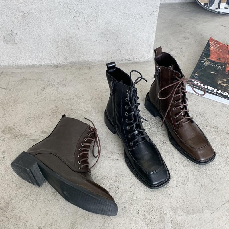 

2020 Winter New Fashion Women Low Heels Boots Lady Square Toe Lace Up Ankle Boots Designer Combat Gothic Flat Shoes1, Brown