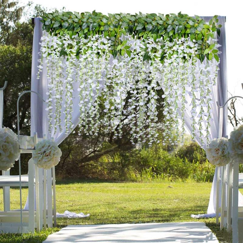 

Artificial Fake Wisteria Vine Rattan Hanging Garland Silk Flower String for Home Garden Office Wedding Decor For Home Decoration, White