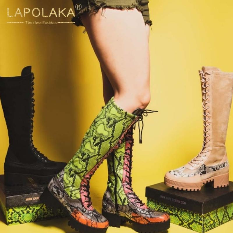 

Lapolaka Hot Sale 2020 Snake Print Knee High Boots Woman Shoes Platform Non Slip Zipper Comfortable Shoes Ladies Boots, Khaki