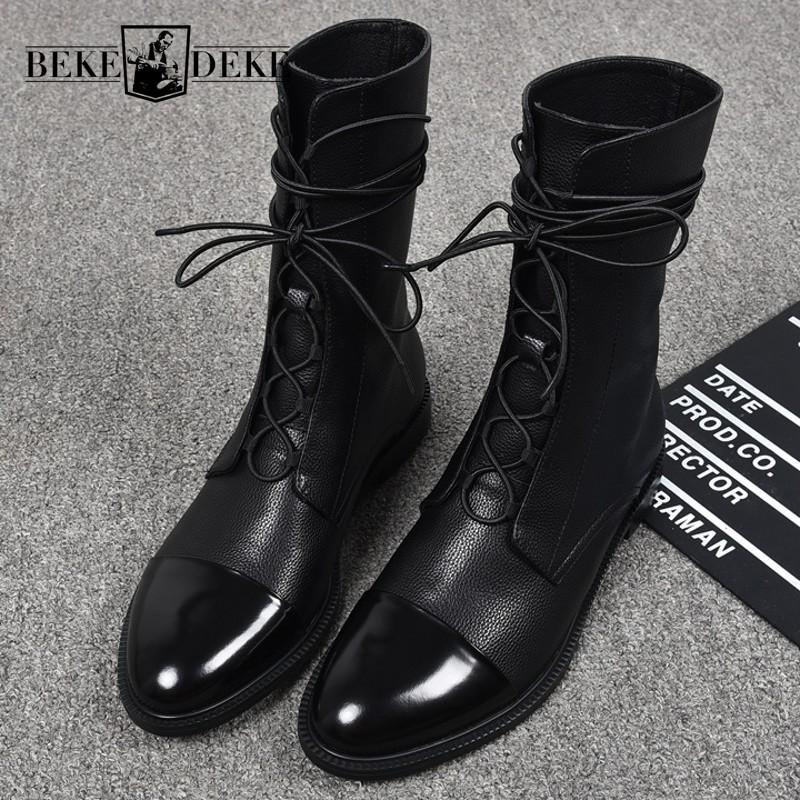 

New Designer Autumn Winter Lace Up Womens Mid Calf Boots Fashion British Round Toe Black Cross Tied Female Flat Boot Streetwear