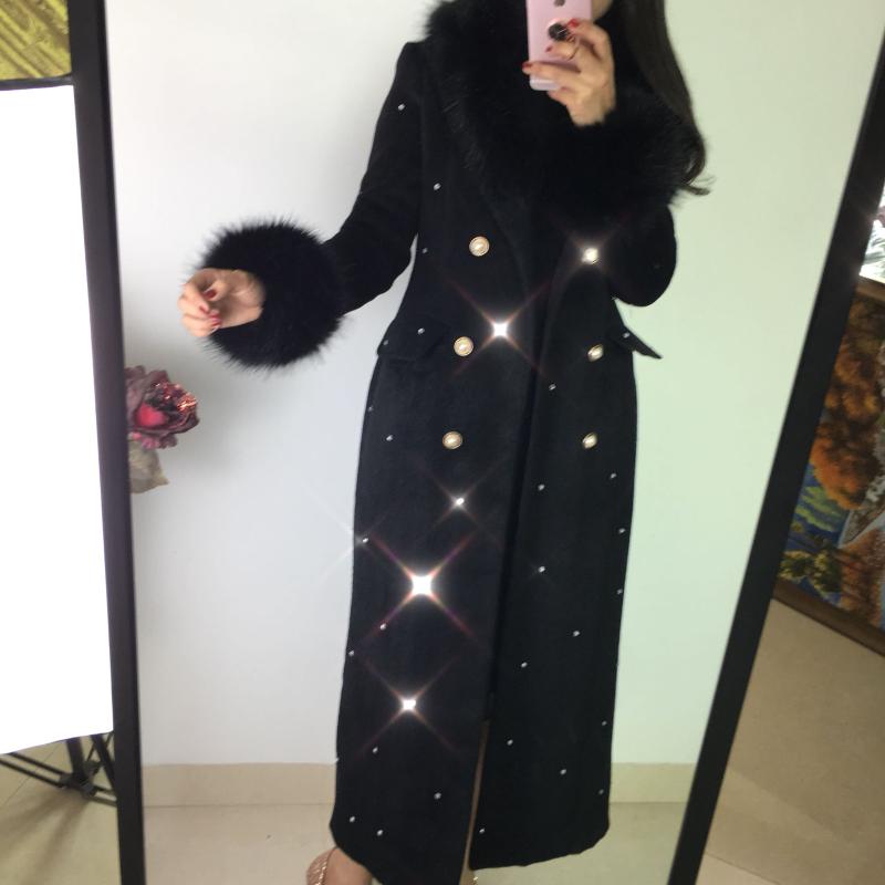 

2020 winter thick high-end luxury women woolen coat large fur collar black beading diamond doubla breasted slim x-long coat