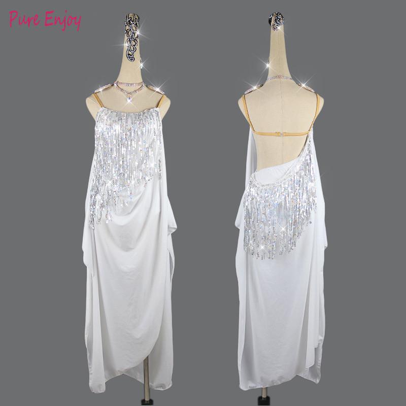 

Women Latin Dancing Costumes Lycra Net Top Tassel Skirt Salsa Samba Rumba India Ladies Fringe Latin Sequins Dance Dress, White