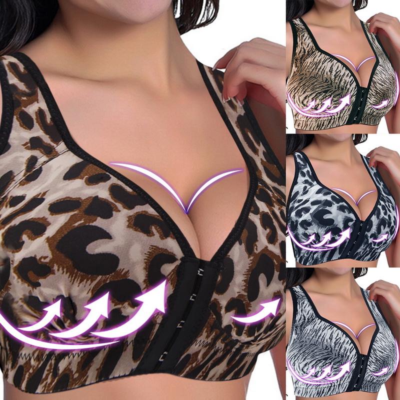 

Women Leopard-print Thin Front Buckles Underwear No Steel Ring Gather And Close Breasts Anti-Sagging Large Size Bra 2020, Leopard 1