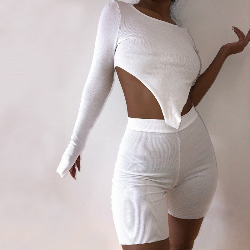 

Women' Cropped Shirt High-Waist Shorts Knitting Wrapped Chest Dissymmetry Sleeve Top Casual Yoga Elastic Sports Pants, White